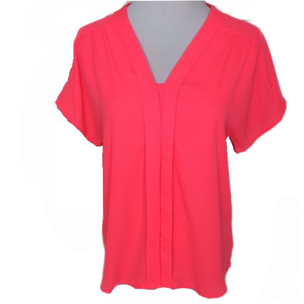 Express Neon Bright Pink V-Neck Button Down Short Sleeve Blouse